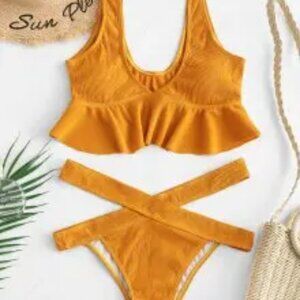 ZAFUL Ribbed Flounce Cutout Tankini Set - Orange Gold S